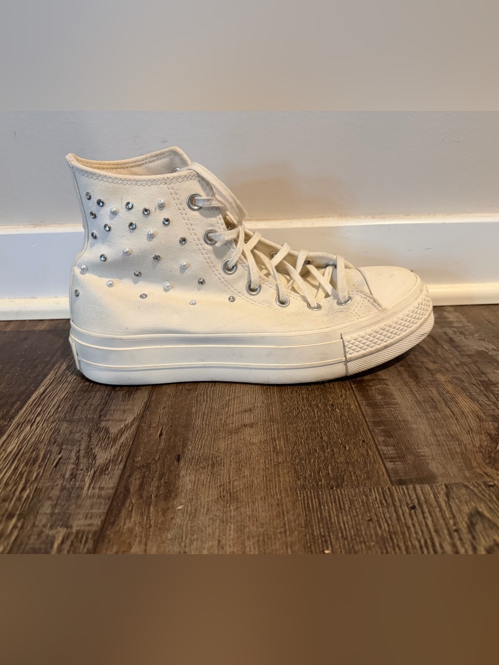 Converse Cream High-Top Platform Sneakers with pearl and rhinestone studs